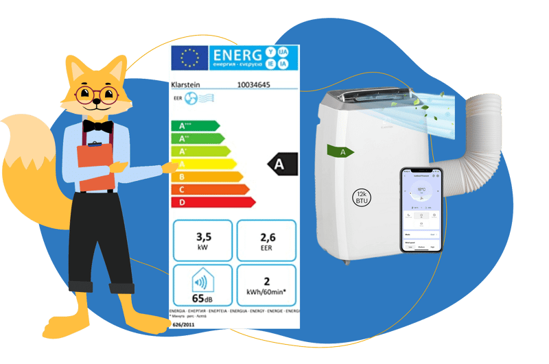Die Comfee Mobile 7000 mobile Klimaanlage wird samt Energieeffizienzausweis präsentiert und hat eine Energieeffizienzklasse A.